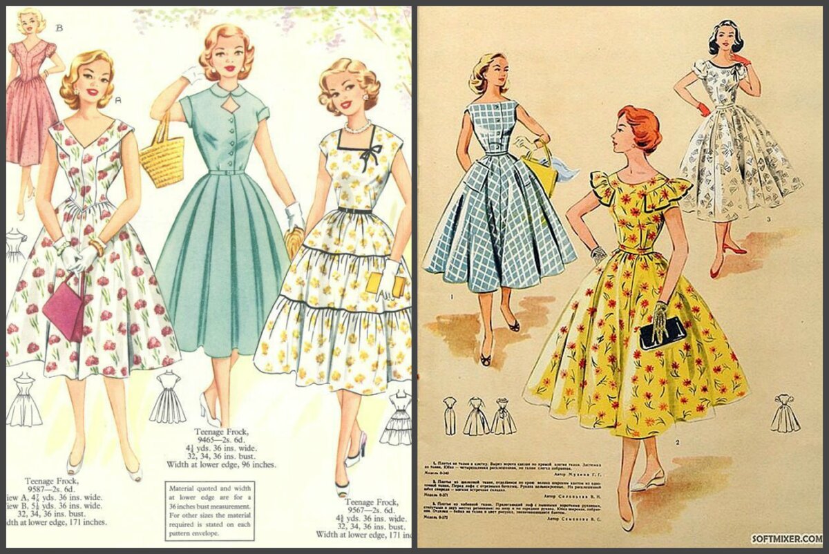 Слева австралийский журнал "Летние моды", справа наш - Ленинградского Дома моделей. Обратите внимание на геометрически четкие вырезы и более жесткие складки на австралийских моделях