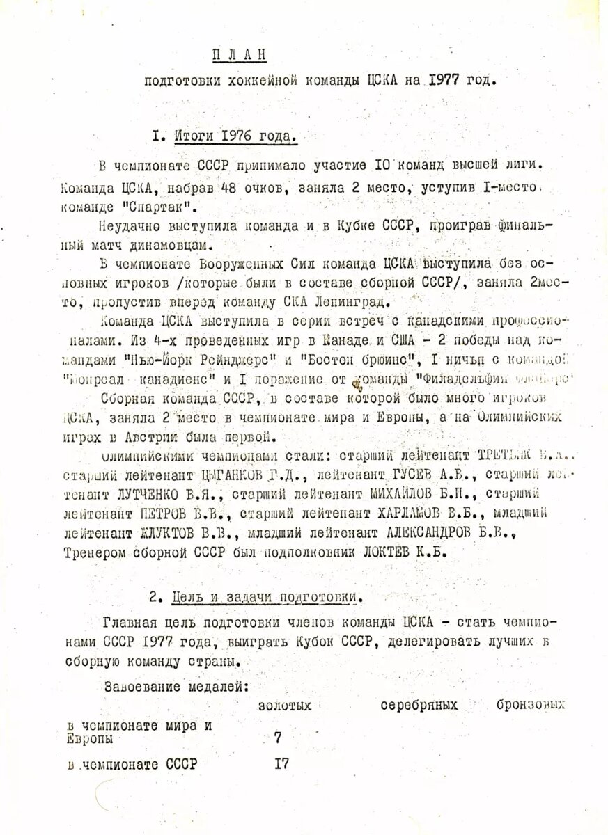  План подготовки команды ЦСКА на сезон 1976-77, подготовленный Констанином Борисовичем Локтевым.  