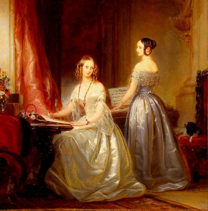 Кристина Робертсон. Великие княжны Ольга Николаевна (1822 - 1892) и Александра Николаевна (1825 - 1844) у клавесина. Дочери императора Николая l. Холст, масло. 36,5 х 29,5 см. 1840 год. Государственный Эрмитаж. Санкт - Петербург.