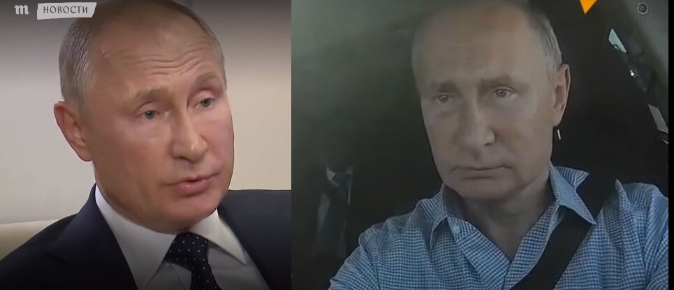 Слева Путин, который дает интервью в эфире телеканала "Россия 24" 27 августа. Справа Путин, который едет по трассе "Таврида" в Крыму тоже 27 августа.