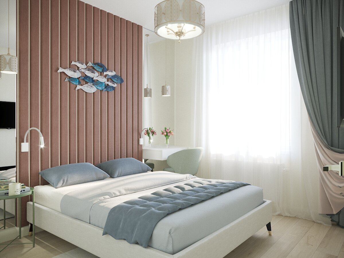 На этом эскизе красного много. Но оттенок достаточно спокойный, да и "спрятан"  он за кровать. 