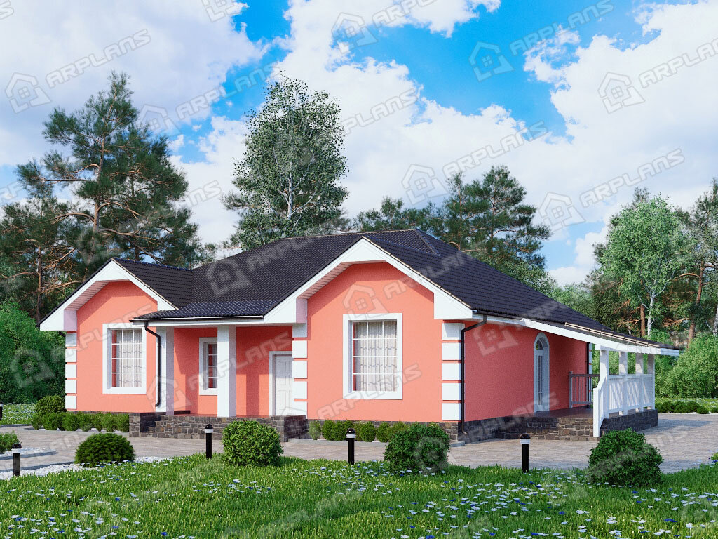 Фото 1 одноэтажного дома из газобетона с 3 спальнями, газовой котельной и террасой. 150 кв м. Источник arplans.ru Проект К-211