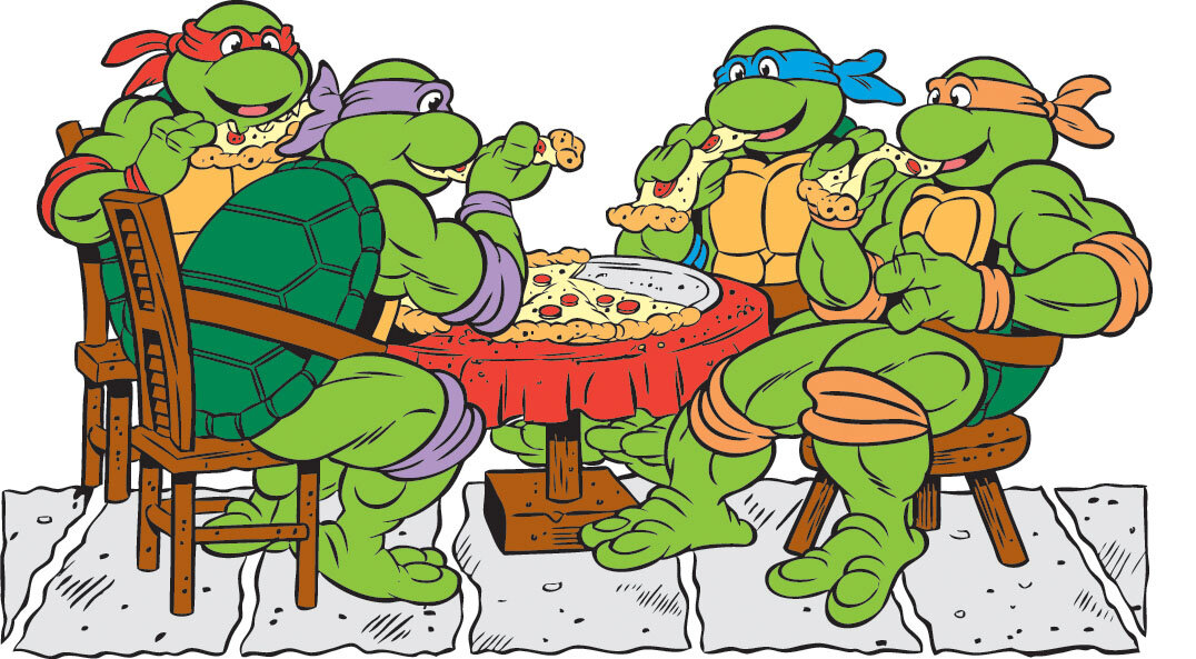 Слева направо: Рафаэль Санти, Донато ди Никколо ди Бетто Барди, Леонардо да Винчи и Микеланджело Буонаротти за ужином обсуждают перспективы Ренессанса 