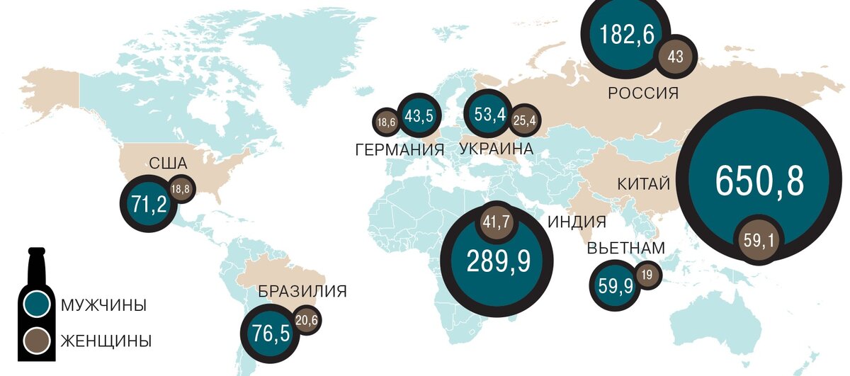 Число смертей, вызванных употеблением алкоголя (Global Durden of Disease Study, 2016) 