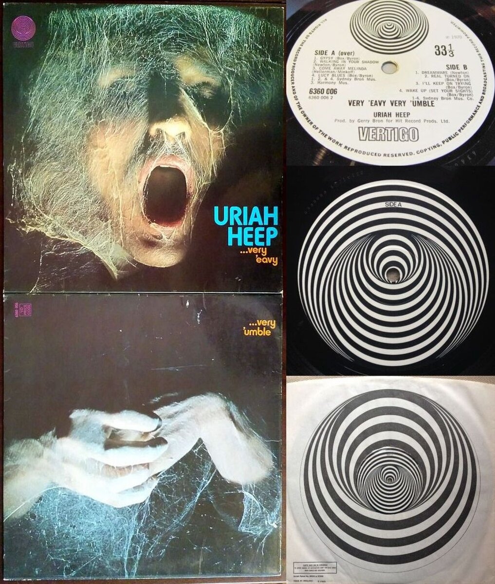 Uriah Heep "Very' Eavy… Very' Umble", 1970 г., английский выпуск. Внешний разворот конверта и лейбл пластинки с двух сторон. Для фото на лицевой части конверта позировал Дэвид Байрон - это его лицо, затянутое паутиной. Сложенные руки в паутине - тоже него