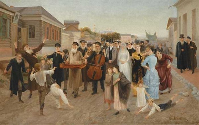 Картина Исаака Аскназия "Еврейская_свадьба" (1893), изображает людей в штетле