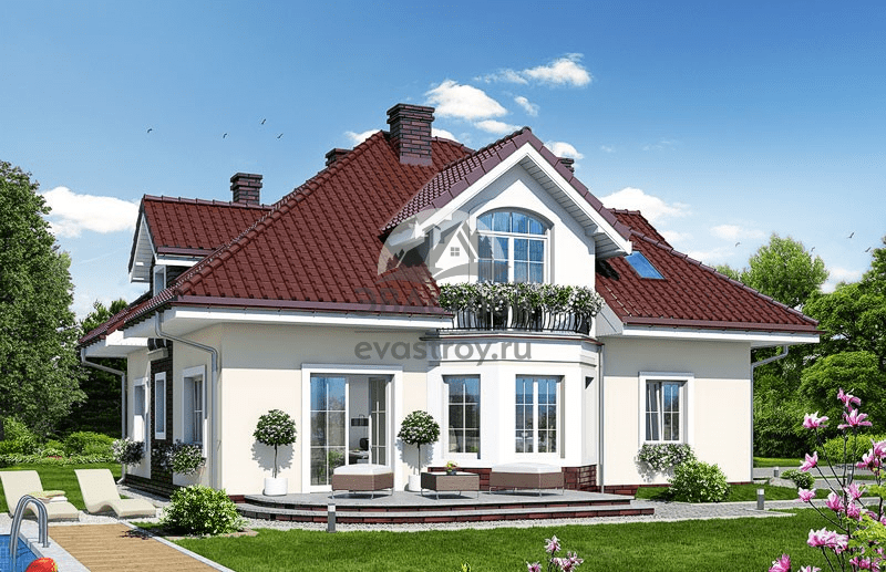 Проект дома 239 м2 с мансардой, двухместным гаражом, эркером и террасой - SK-19 