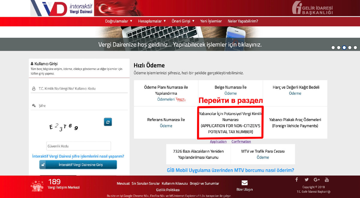 Скрин с сайта налоговой службы Турции www.ivd.gib.gov.tr 