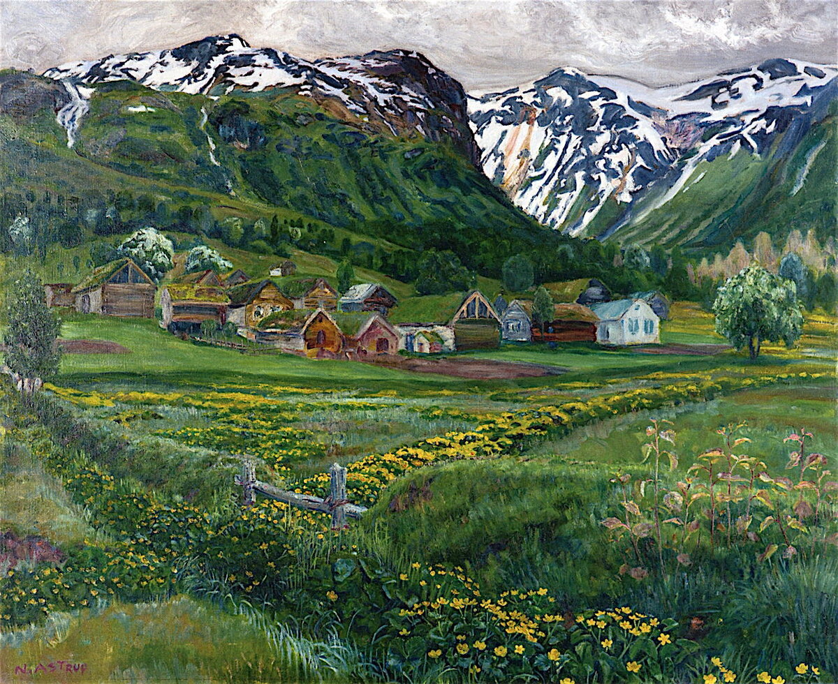 Дома деревни Ольхус. Масло, холст. Источник: https://eclecticlightdotcom.files.wordpress.com/2017/02/astrupjunenightoldjolsterfarm.jpeg
