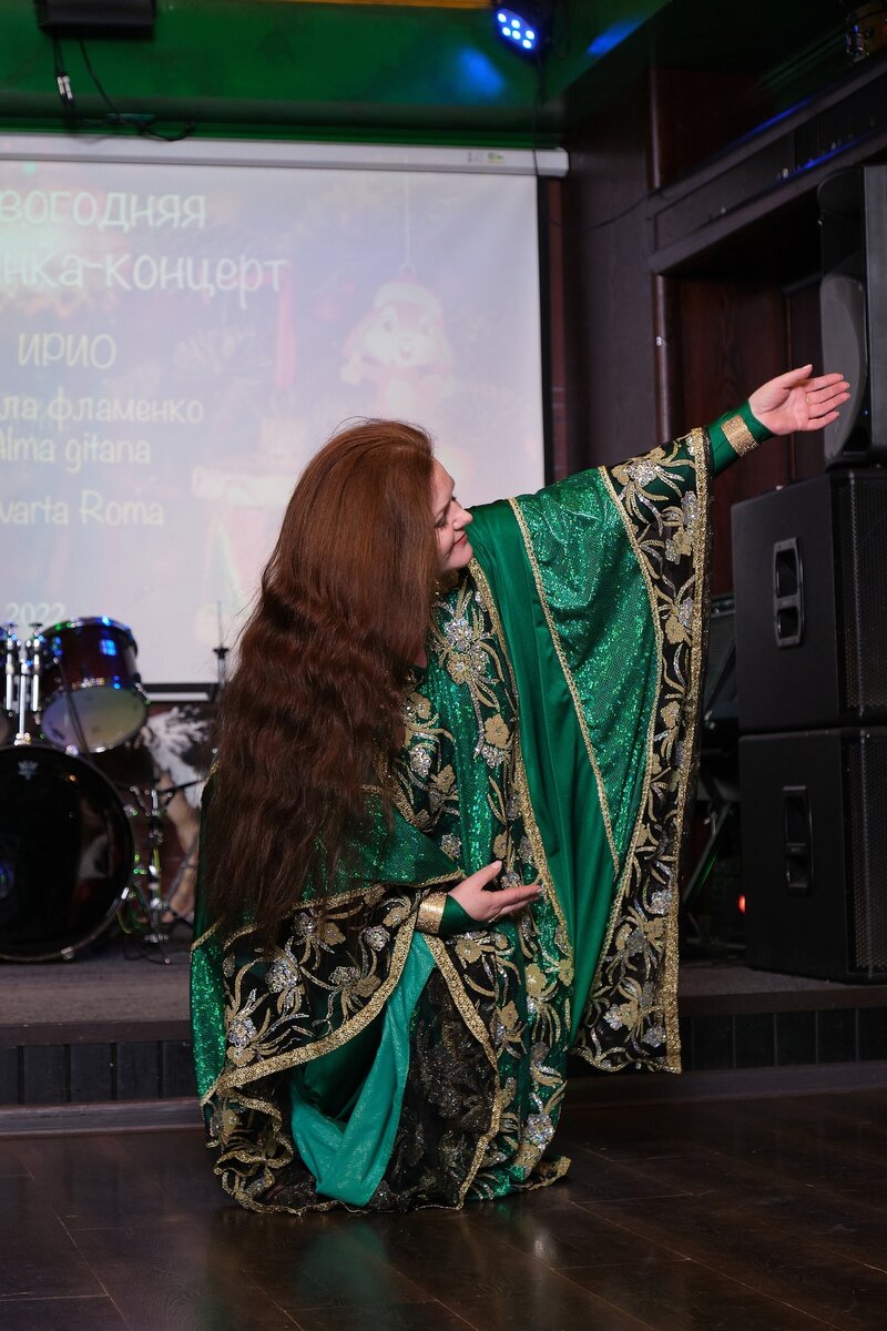 Рената Гребнева танцует «Халиджи». Предновогодняя вечеринка-концерт Института развития информационного общества и школы “Alma Gitana” в ирландском пабе “O'Connell's” на Покровке, 28 декабря 2022 г.