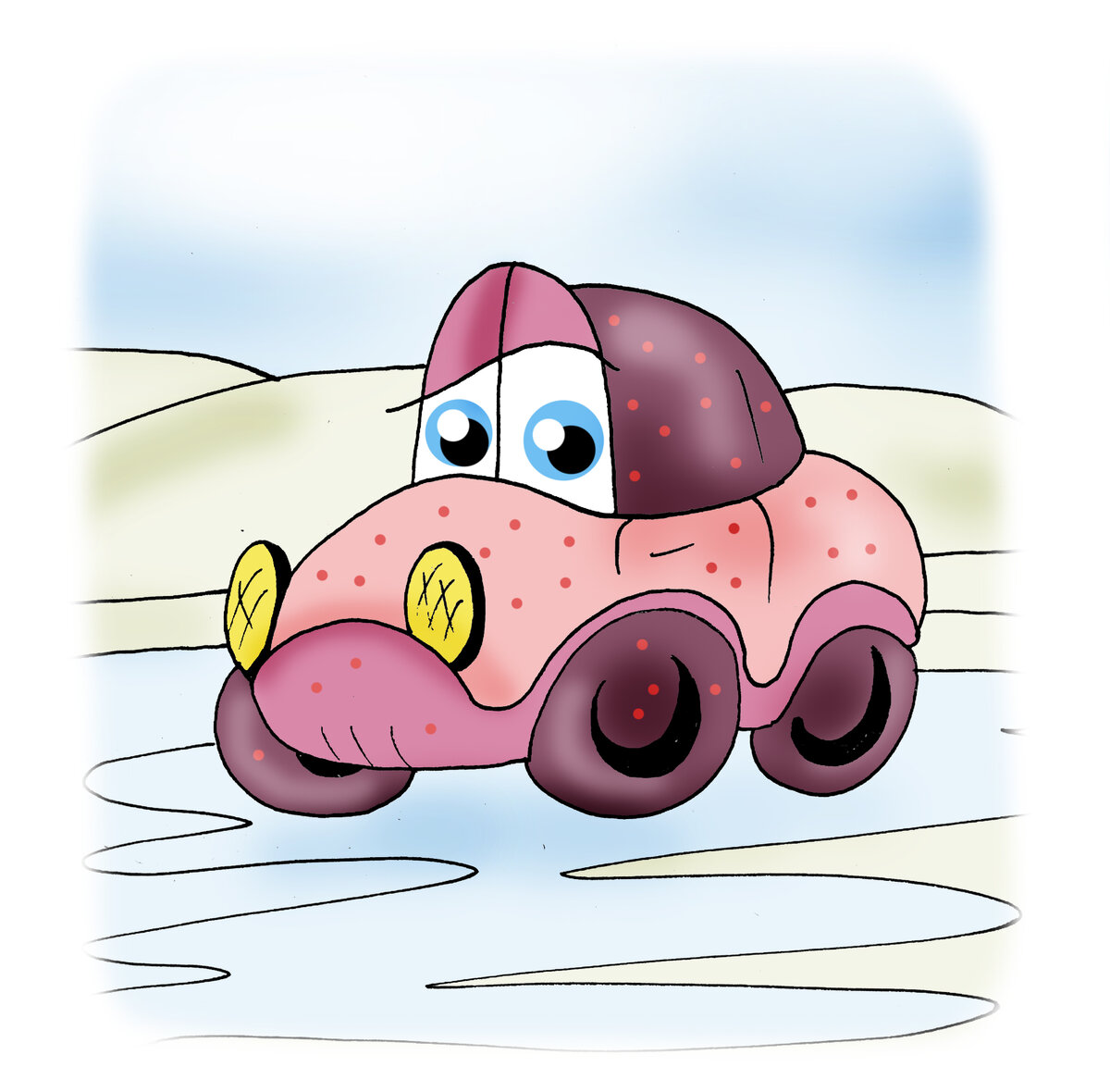 Машинки простудились на морозе. Рисунок Полины Бреевой из книги стихов для детей Елены Лещенко "Кто такая Ай-я-яй?"