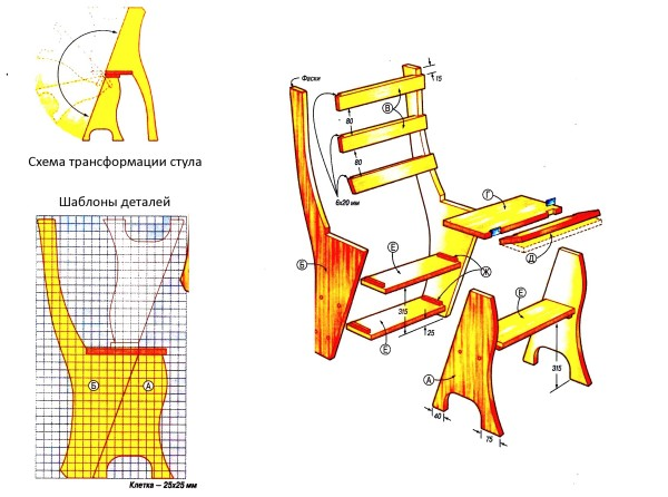 Стул-стремянка, описание составных частей, чертежи, мастер-классы