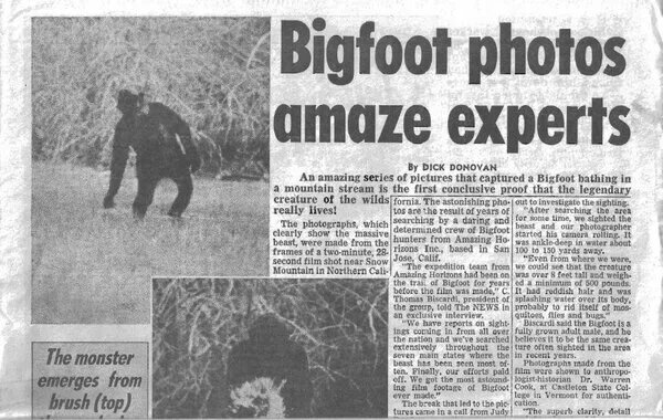 Запись с газеты о Бигфуте