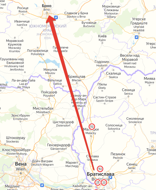 Бросок на Брно от Братиславы (силовая схема). Создано на основе Яндекс-карт