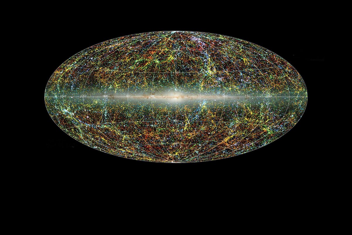 Карта современной Вселенной со множеством галактик.