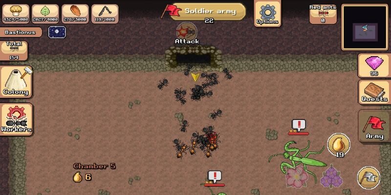 Симулятор калонии муравьёв, твоя задача распределять силу на добычу разных ресурсов,кормление матки и развитие армии. Поначалу ты будешь просто направлять муравьёв собирать ресурсу, но потом они заканчиваются и придётся воевать за территории с другими муравьями. К тому-же в игре присутствуют боссы, и онлайн где можно помериться силами с другими игроками.             Моя оценка 9/10