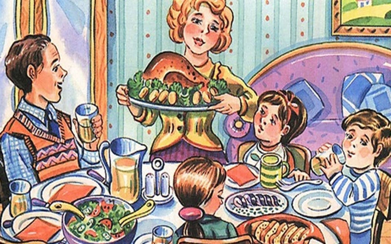 Мама когда приходят гости. Праздничный стол рисунок. За столом иллюстрация. Семейный праздник рисунок. Сюжетная картина в гостях.