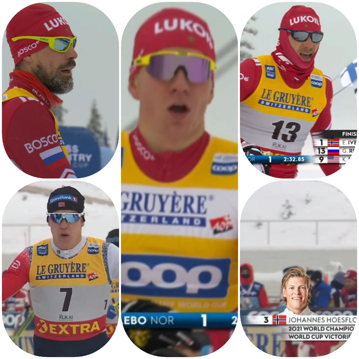 Вот они- "монстры" спринта: слева направо и сверху вниз: Устюгов, Ретивых, Валнес и Клебо. Саша Большунов - самый большой в центре