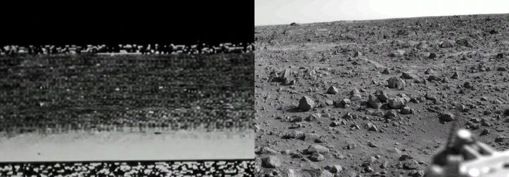 Слева - фото академии наук СССР, неполный снимок, переданный аппаратом "Марс-3" на Землю 50 лет назад (2 декабря 1971 года), справа - одна из современных фотографий.