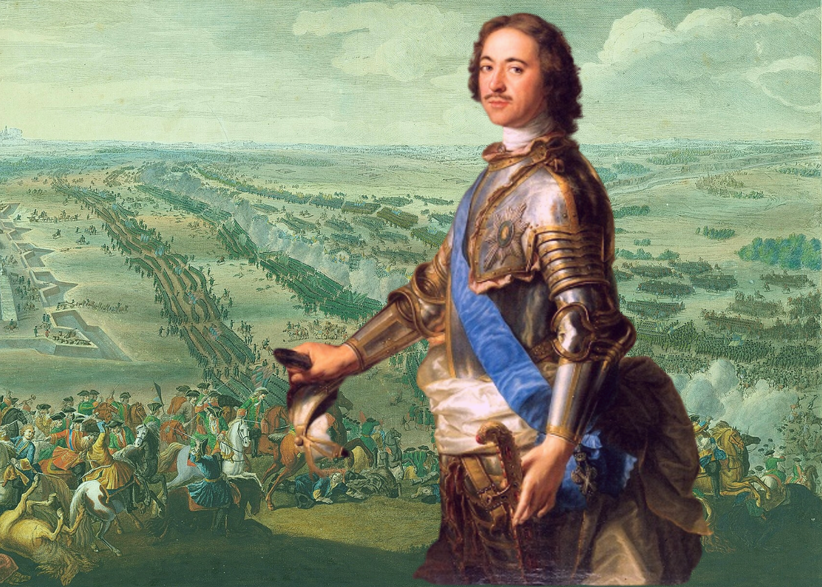 Пётр Великий на фоне полтавской баталии (коллаж)