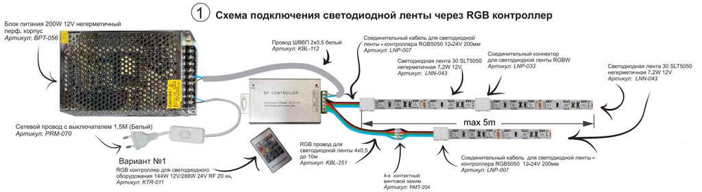 Схемы подключения многоцветной (RGB) ленты