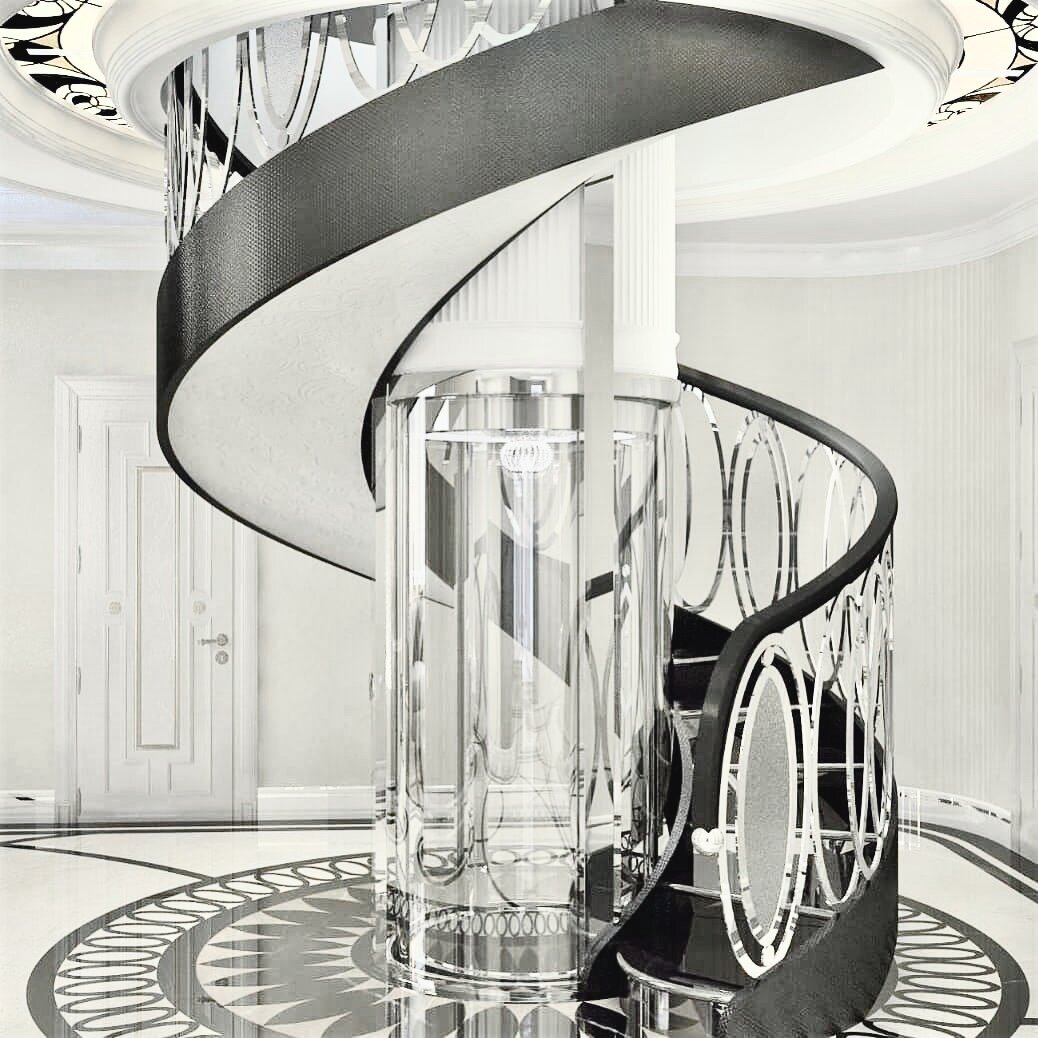 Панорамный лифт, интегрированный в винтовую лестницу.