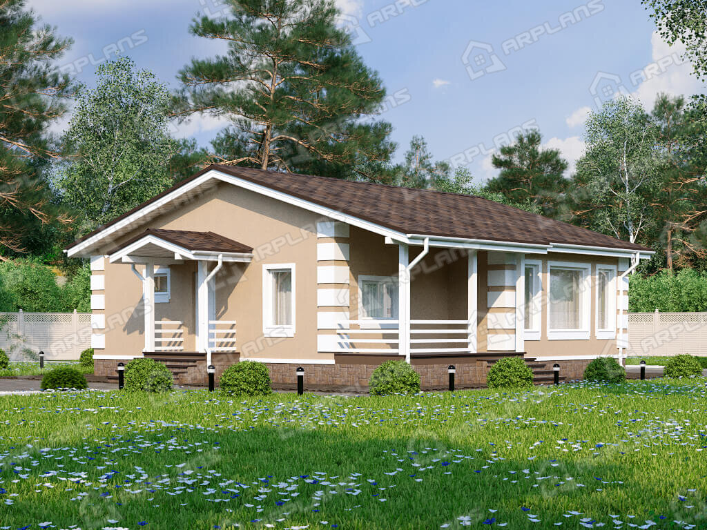 Фото 1 одноэтажного дома из газобетона с 3 спальней, террасой и бойлерной. 90 кв м. Источник arplans.ru Проект К-327