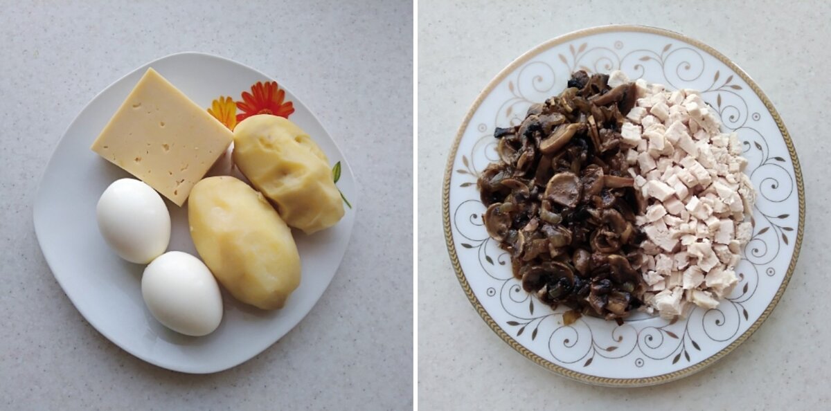 Подготавливаем ингредиенты: картофель, яйца и куриное филе сварить до готовности. Грибы и лук обжарить. 