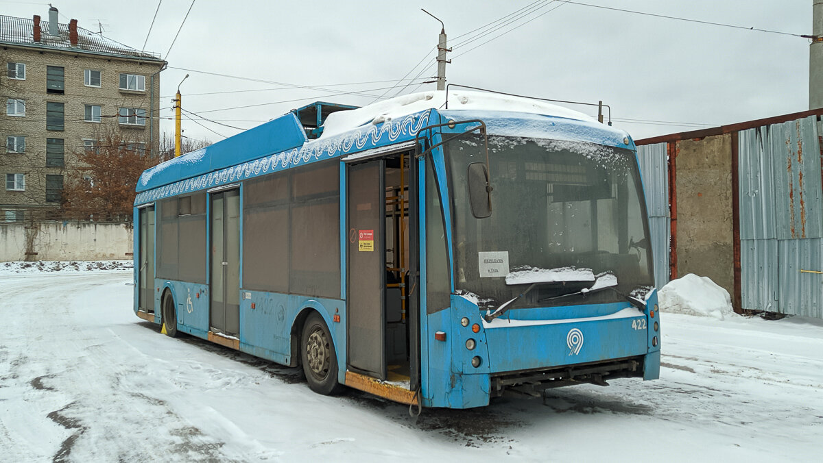 Троллейбус Тролза-5265.00 «Мегаполис» в троллейбусном депо. Тула, январь 2021. Московский бортовой номер 1422. Фото автора канала.