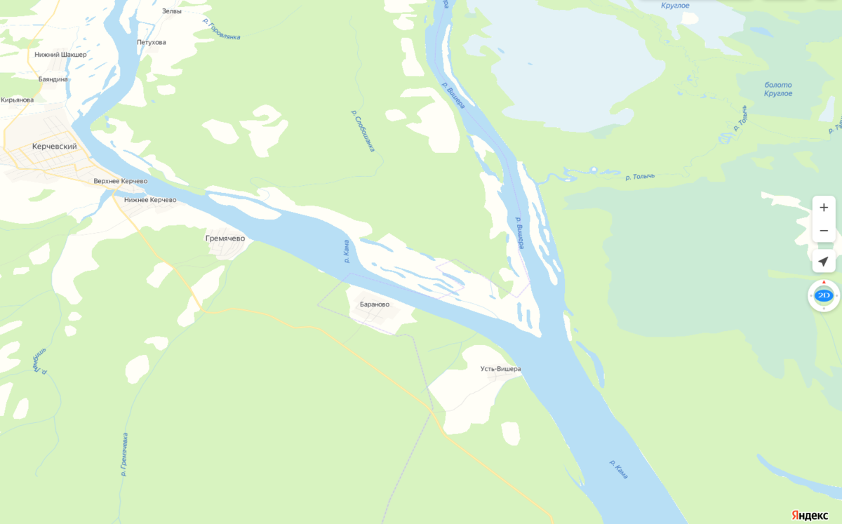 Место слияния Камы и Вишеры (взято из Яндекс.Карты)