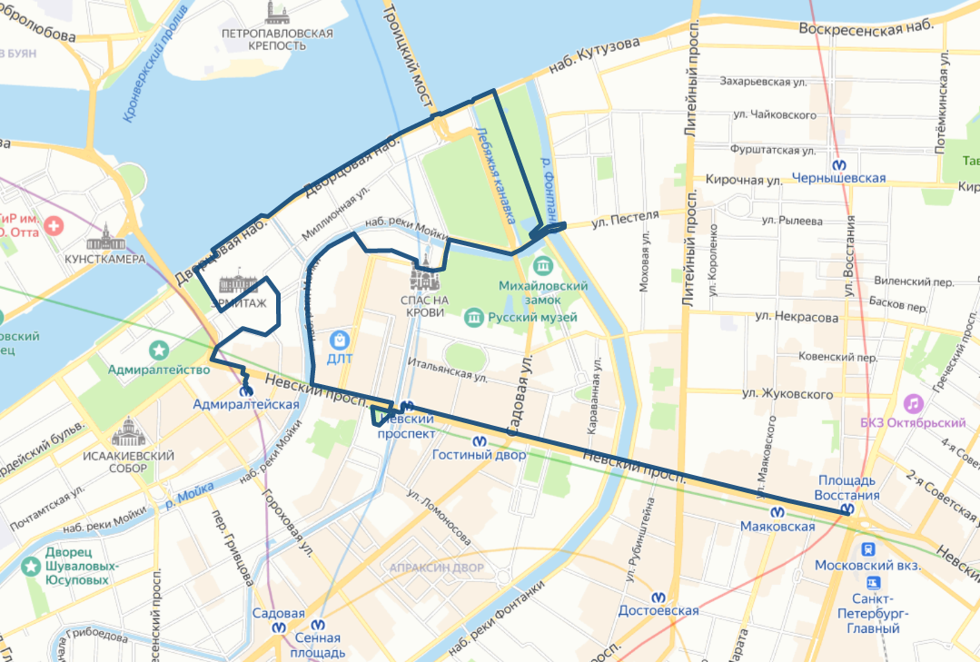 Маршрут на карте Санкт-Петербурга. Информация взята из Яндекс-карт.