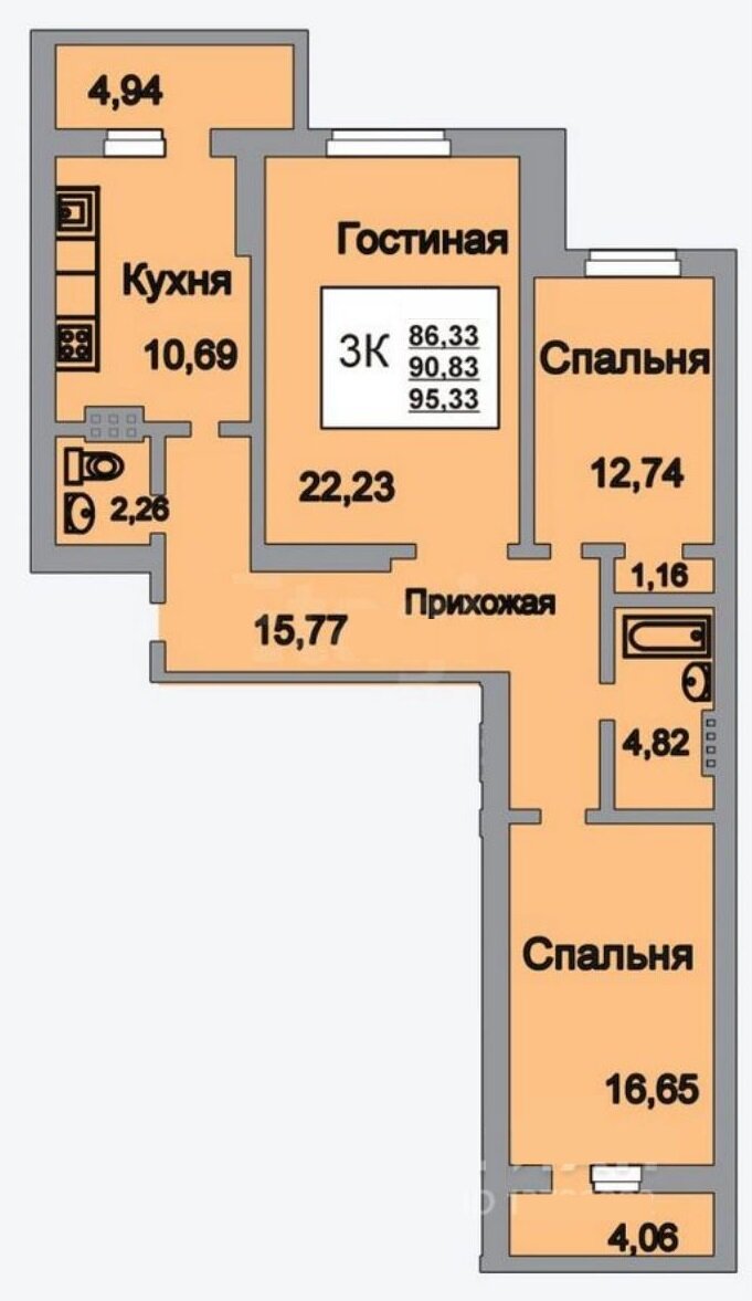 Квартира свободной планировки. На изображении вариант планировки от застройщика.