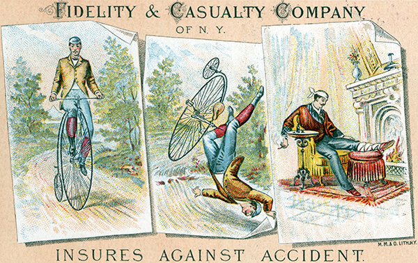 Рекламная карточка страховой компании из Нью-Йорка, Соединенные Северо-Американские Штаты Америки. 1880-е гг. Из коллекции Веломузея Андрея Мятиева.