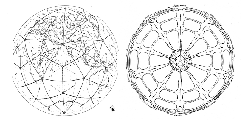 Рисунок 6 – Икосаэдро-додекаэдрическая система Земли (ИДСЗ) 1973 г. Авторы: Гончаров Н.Ф., Макаров В.А., Морозов В.С. Слева – часть карты горизонтальных перемещений вещества планеты, справа – механизм перемещения вещества