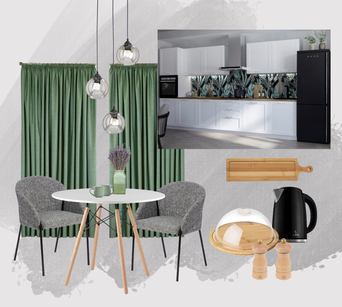 Модульный кухонный гарнитур Фрея 3,6 м арт. 7845856, Стол Eames арт. 80385202, Стул с подлокотниками Darren арт. 80343991, Штора на ленте 537807 200х270 см, 1 шт. арт. 80362376 