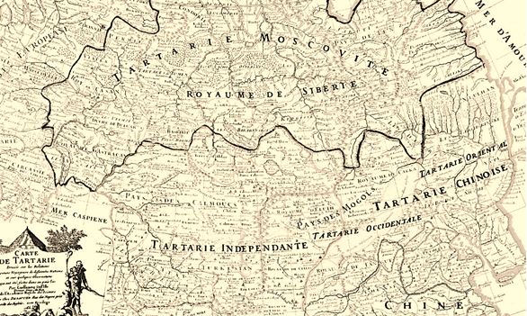 Московская Тартария или Сибирское царство на карте Гильома Делилия 1766 года со столицей, перенесённой Елизаветой Петровной из Москвы в Тобольск. В Сибирское царство Петра Фёдоровича входили Казанское и Астраханское королевства (ханства). То, что земли Тартарии как бы накрывали тогдашние государства, и говорит о них, как о верхних массивах, нависавших над основной Землёй. Вот почему в 19-м веке и не было ещё сибирской тайги.