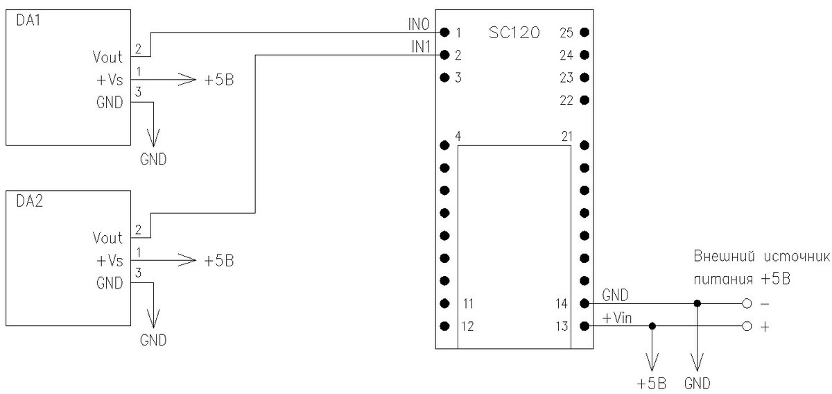 Схема подключения датчиков температуры LM35DZ к WiFi-модулю SC120