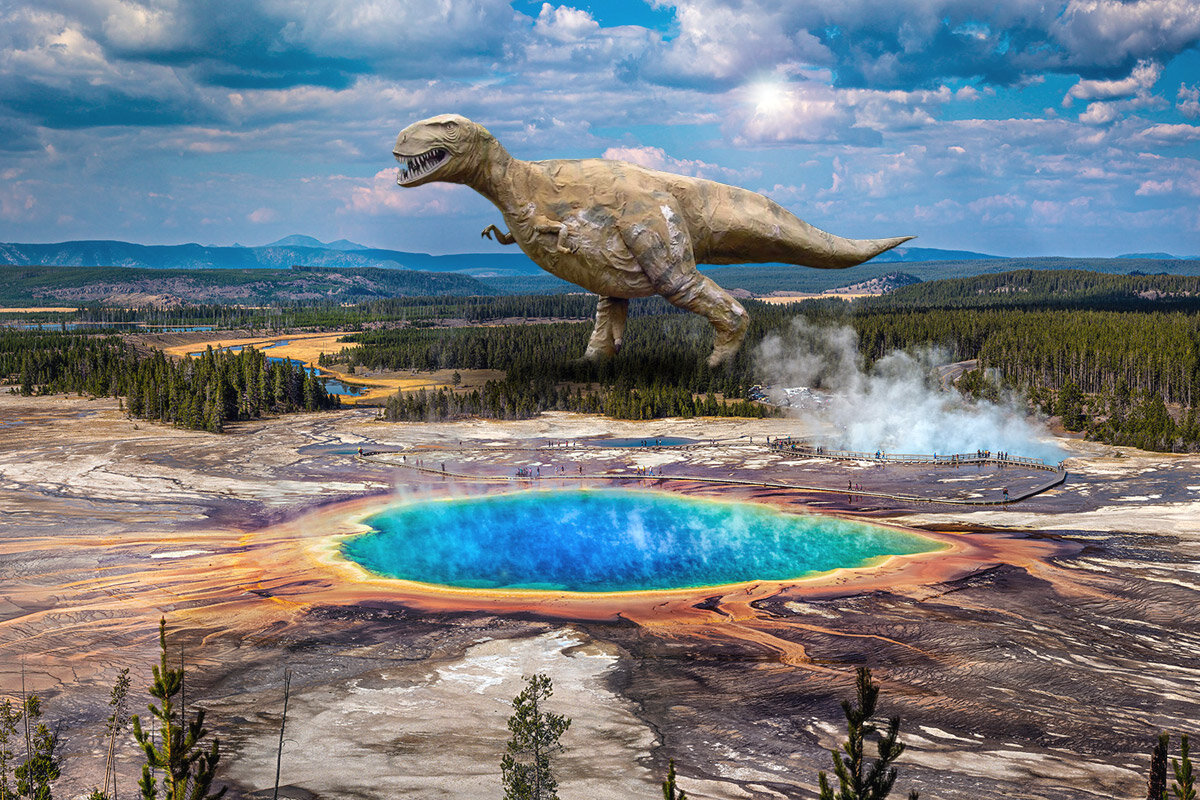 Когда-то давно в парке Йеллоустоун жили динозавры, но из-за частых землетрясений и назойливых туристов они переселились отсюда в более безопасные места