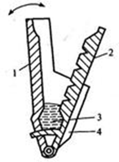 В установках с угловым (существует еще плоскопараллельное) перемещением полуформы подвижная полуформа 2 отводится от неподвижной 1 и в металлоприемник 3 заливают расплавленный металл. Боковые щеки 4 препятствуют вытеканию расплава через торцы установки и служат направляющими при повороте подвижной полуформы.