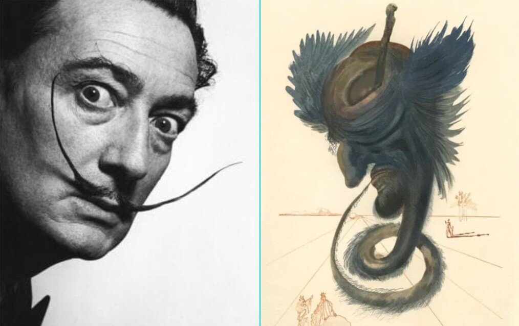 Дали и один из персонажей его рисунков к поэме Данте Алигьери