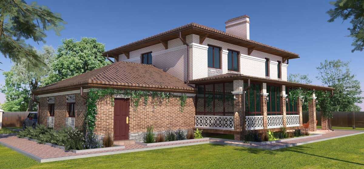 Проект двухэтажного дома с гаражом и балконом.