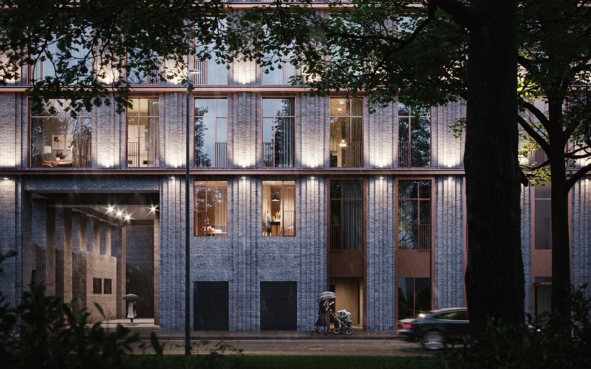 Фасад Kazakov Grand Loft притягивает взгляд: днем — за счет приятных цветовых решений и натуральных материалов отделки, ночью — благодаря эффектной подсветке