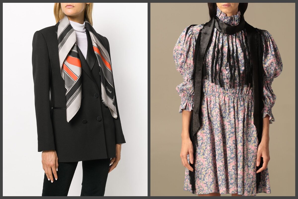 Подобные решения можно увидеть в коллекциях Модных домов Chloé и Lorenzo Serafini (бренд Philosophy). Последний предлагает использовать шелковый платок в качестве обязательного аксессуара
