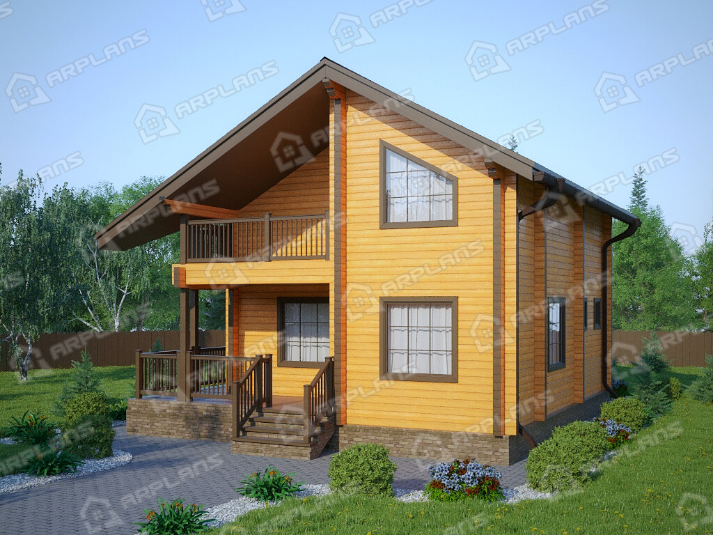 Фото 2 двухэтажного дома из бруса с мансардой, 3 спальнями, балконом и террасой. Общая площадь до 140 кв м. Источник arplans.ru Проект ДС-092