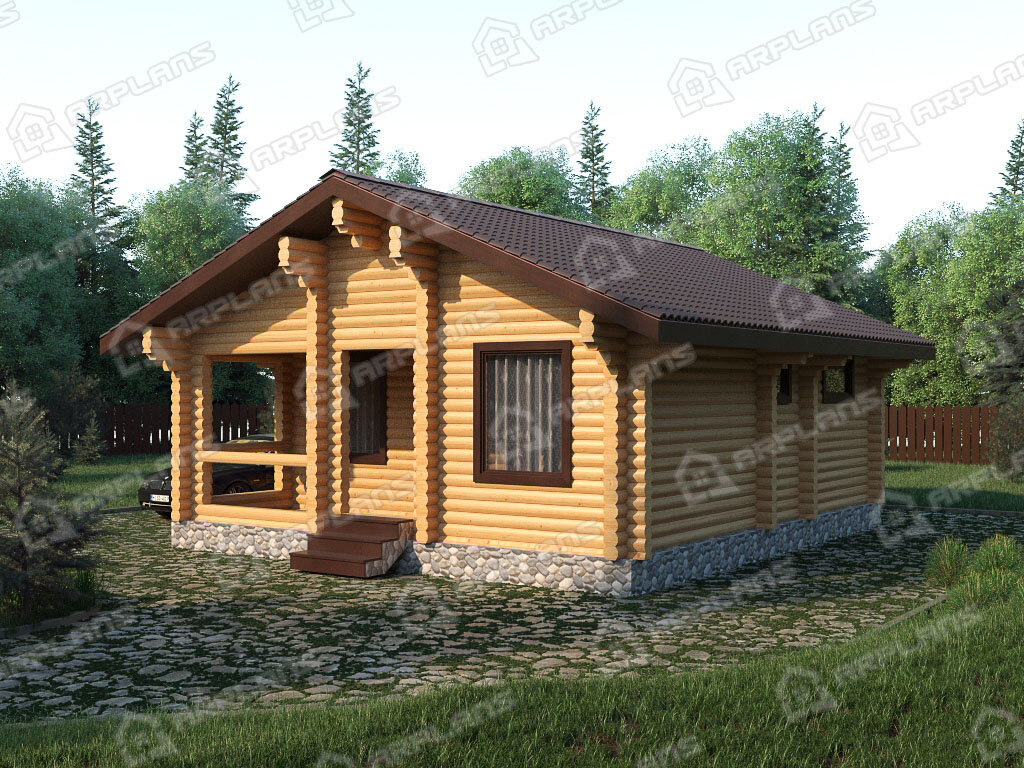 Фото 1 одноэтажной бани из бревна с комнатой отдыха. Источник arplans.ru Проект Б-001