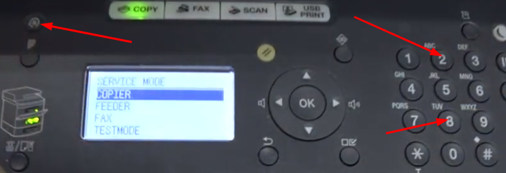 Кнопки для входа в сервисное меню. Нажимаем "меню", цифру 2, цифру 8 и снова "меню". 