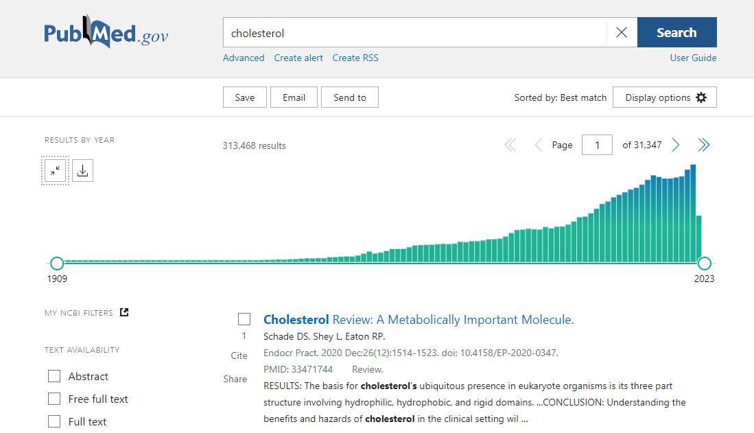 Количество публикаций о холестерине в медицинских журналах с 1909 года: рост постоянный и неуклонный, т.е.  проблема уже более 100 лет постоянно на пике интереса. 
