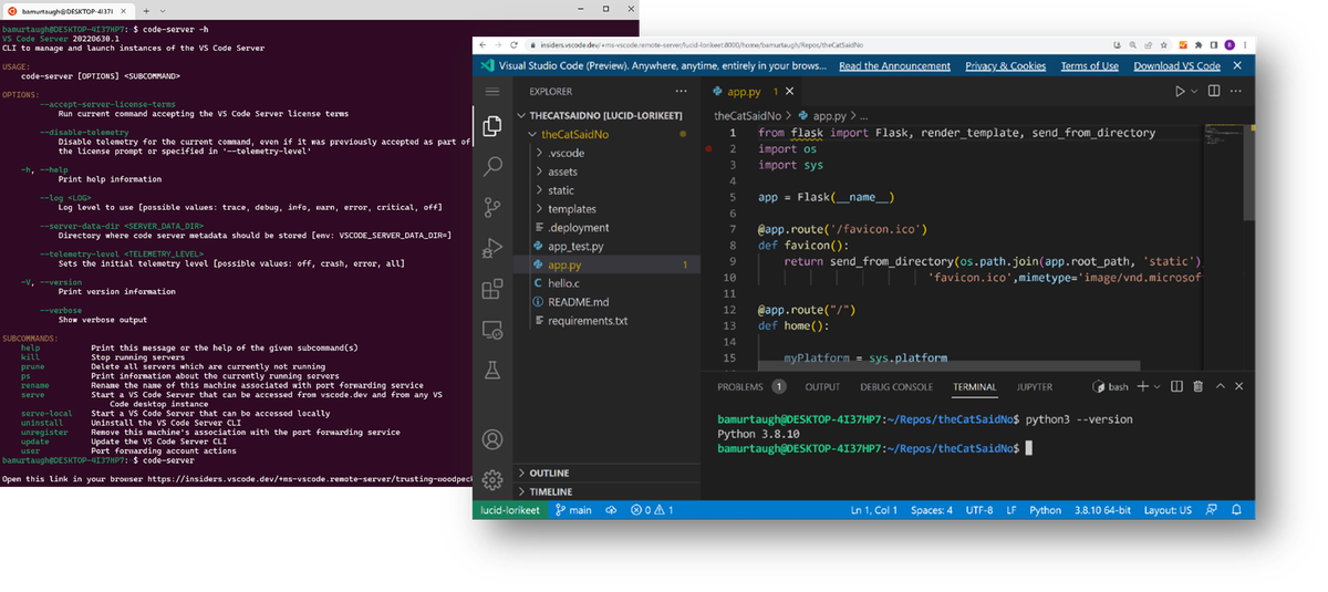 Терминал запускает VS Code Server, и vscode.dev подключается к нему