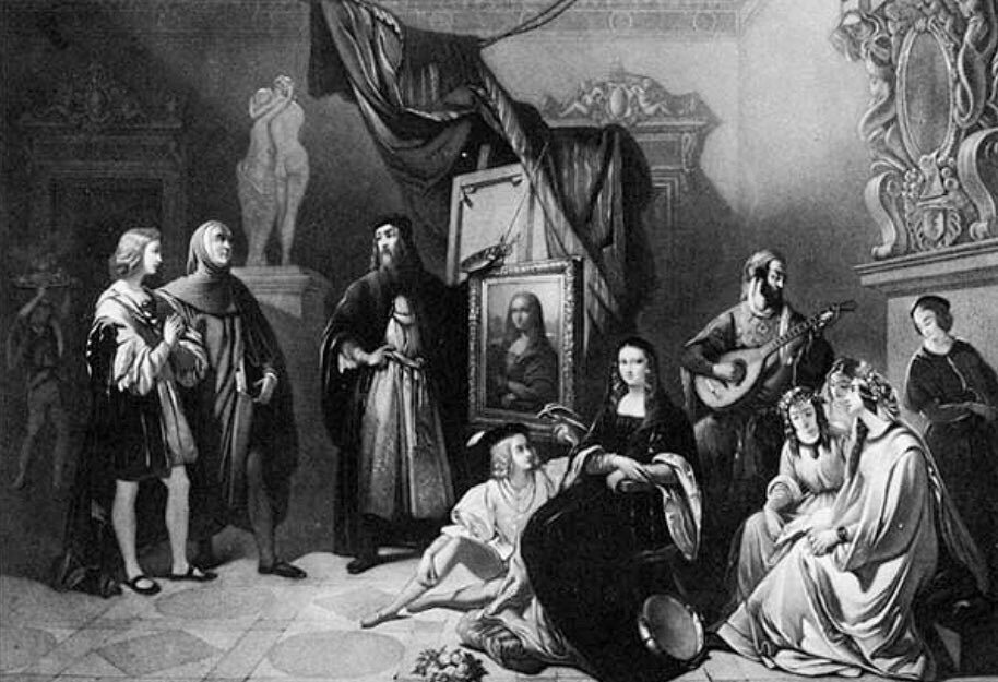 “@allright716 «Студия Леонардо да Винчи» на гравюре 1845 года: Джоконду развлекают шуты и музыканты.