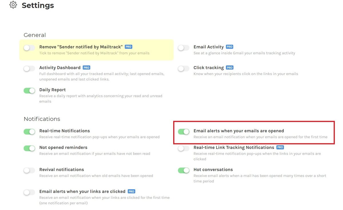Настройка уведомлений в Mailtrack